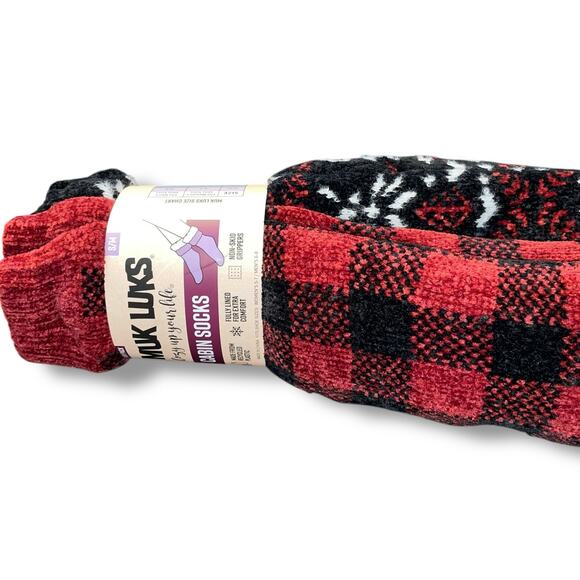 Muk Luks Sz S/M Slipper Socks Faux Fur Lined Warm Cabin 2 Pk Buffalo Check Gift - Picture 4 of 14